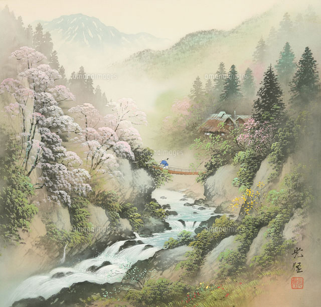 四季の山水画 渓谷と桜 3月[02237011993]の写真・イラスト素材｜アマナ