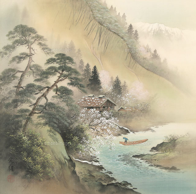 四季の山水画 梅と舟人 2月[02237012017]の写真・イラスト素材｜アマナ
