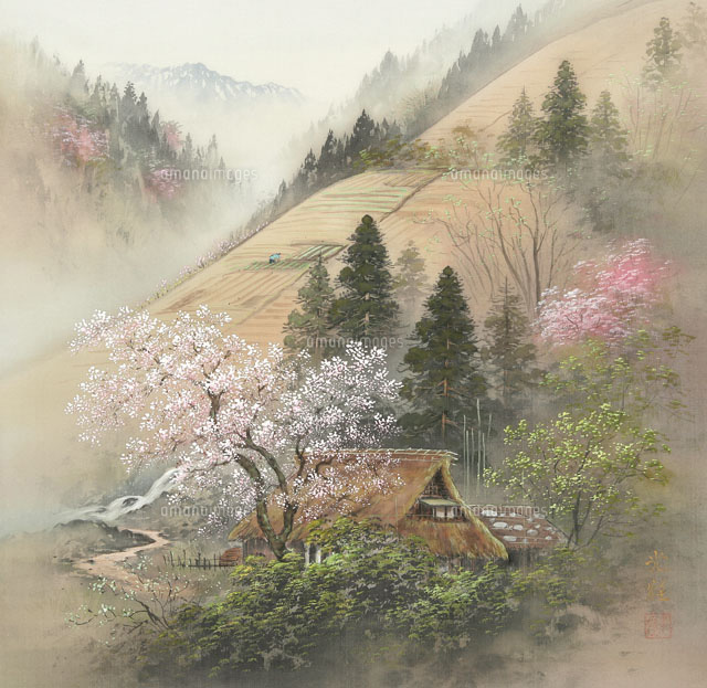 四季の山水画 農家の桜 4月[02237012019]の写真・イラスト素材｜アマナ