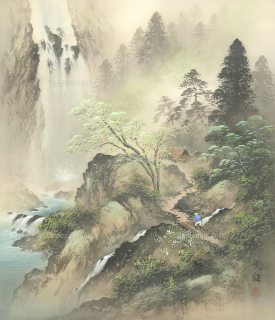 四季の山水画 滝と小径を行く人 8月[02237012023]の写真・イラスト素材