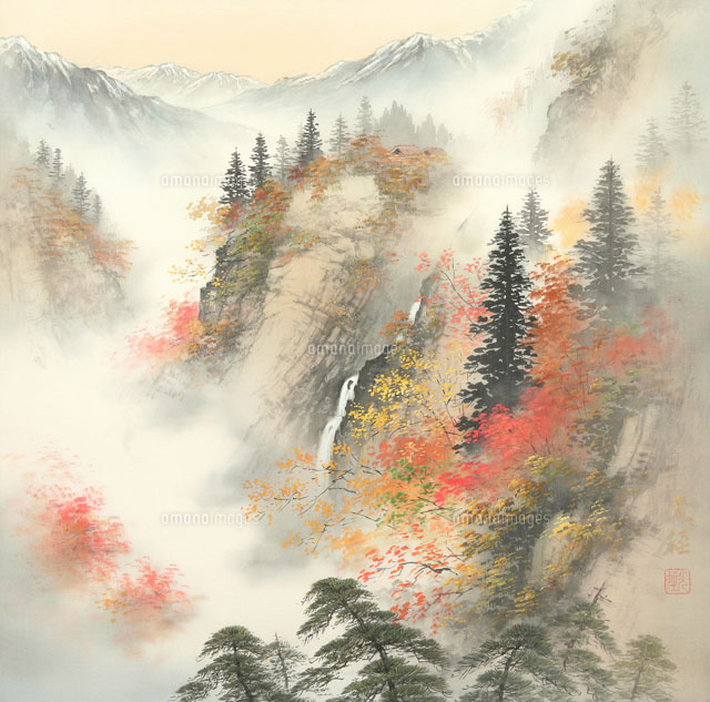 四季の山水画 紅葉の滝と霧 10月[02237012025]の写真・イラスト