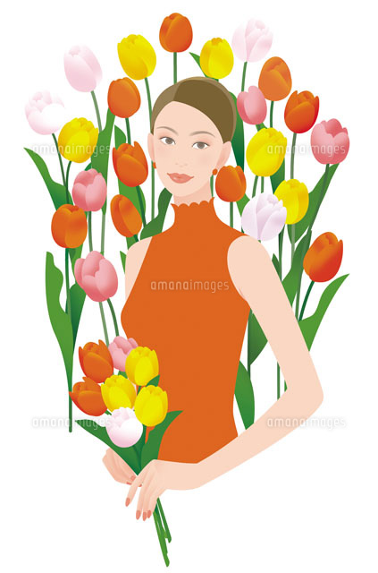 チューリップを背景にした女性 の写真素材 イラスト素材 アマナイメージズ