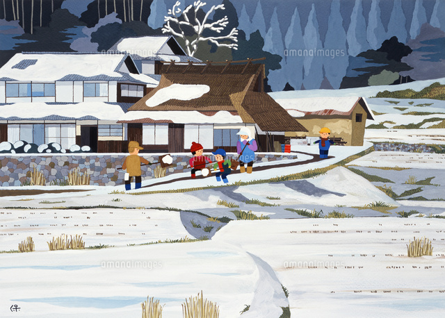 真冬の朝に家の周りを雪かきする家族[02237013212]の写真・イラスト