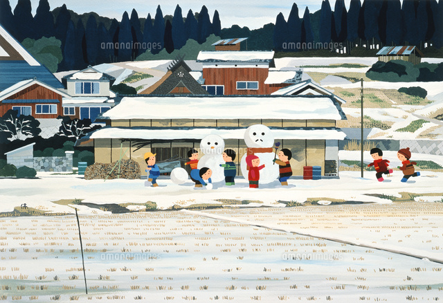 雪の積もった農村で雪だるまを作る子供たち[02237013408]の写真