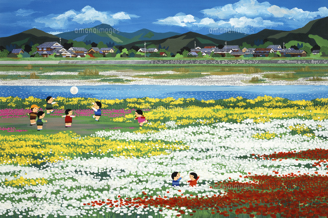 色とりどりの花畑の河川敷で遊ぶ子どもたち の写真素材 イラスト素材 アマナイメージズ