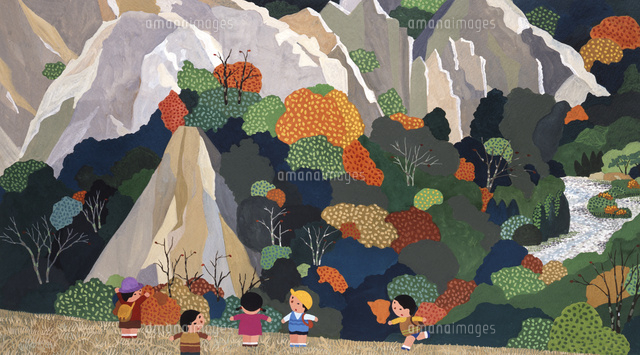 秋の紅葉する山で遊ぶ家族 の写真素材 イラスト素材 アマナイメージズ
