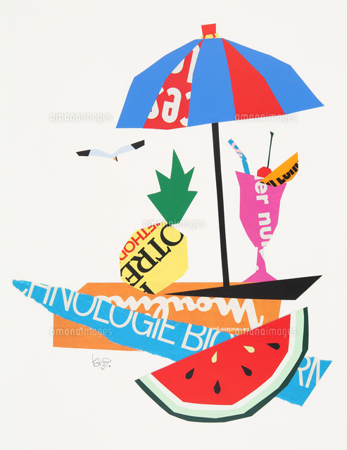 スイカとパラソルがある夏のビーチ の写真素材 イラスト素材 アマナイメージズ