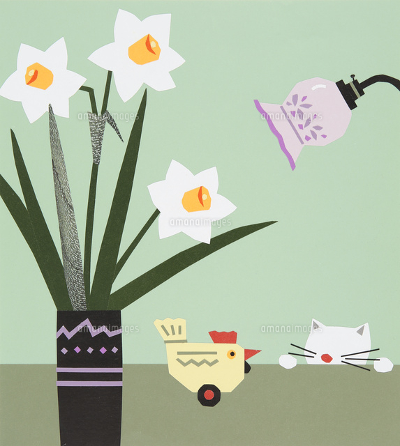 テーブルの上の水仙の花を眺める猫 の写真素材 イラスト素材 アマナイメージズ