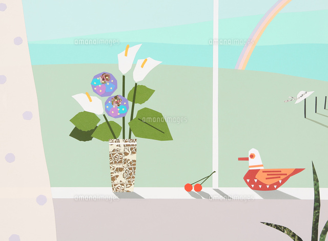 花のある部屋と窓から見える虹風景 の写真素材 イラスト素材 アマナイメージズ