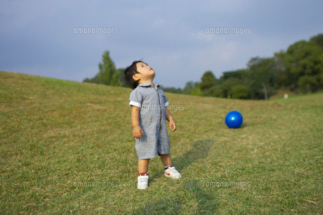 芝生広場で空を見上げる男の子 の写真素材 イラスト素材 アマナイメージズ