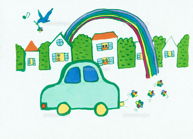 緑色の車と虹と街並み の写真素材 イラスト素材 アマナイメージズ