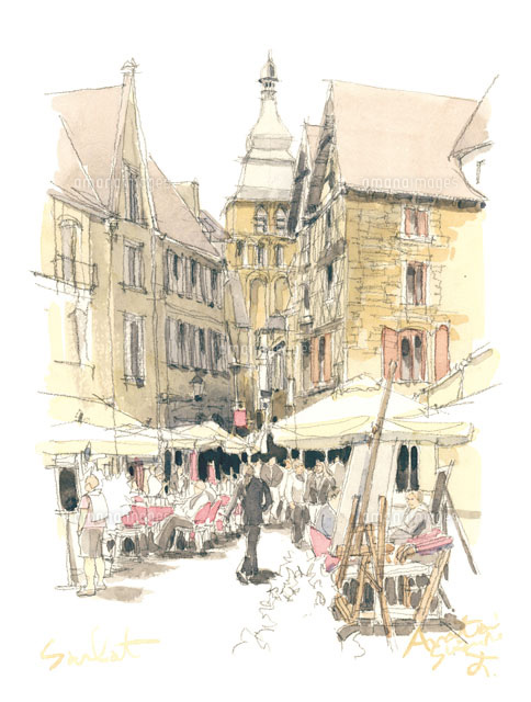 カフェが並ぶ広場[02398000155]の写真・イラスト素材｜アマナイメージズ