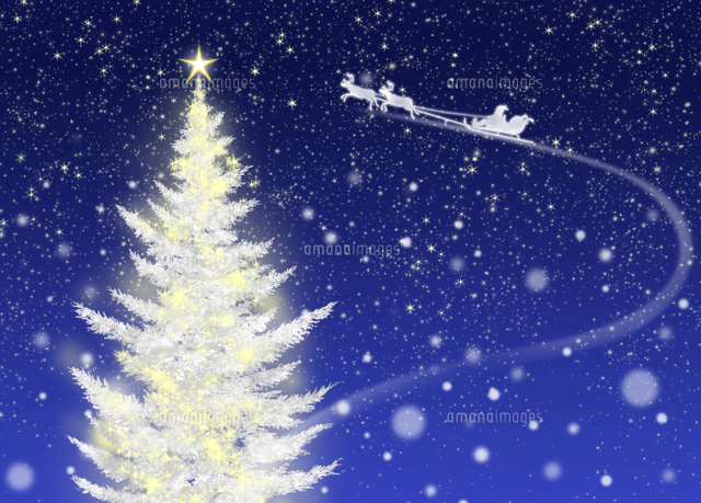 色々な色に光るクリスマスツリーとソリに乗ったサンタクロース