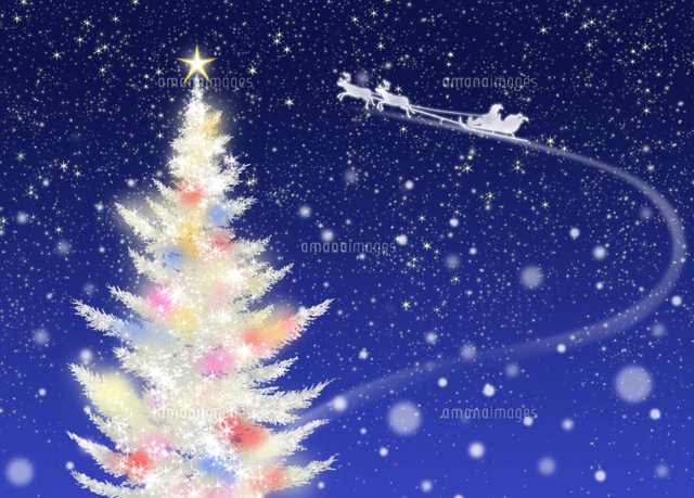 色々な色に光る白いクリスマスツリーとサンタクロース[02411000030]の