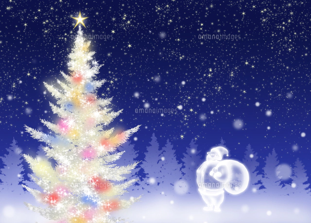 色々な色に光る白いクリスマスツリーとソリに乗るサンタクロース