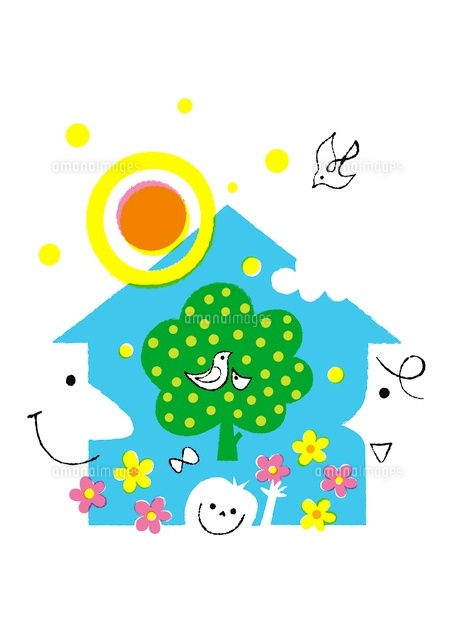 エコ住宅と家族の顔 エコイメージ の写真素材 イラスト素材 アマナイメージズ