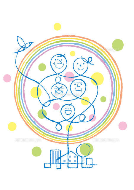 虹の中の三世帯家族と街と鳥 の写真素材 イラスト素材 アマナイメージズ