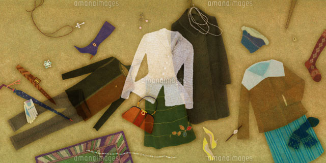 床に散らばる洋服とファッション小物 の写真素材 イラスト素材 アマナイメージズ