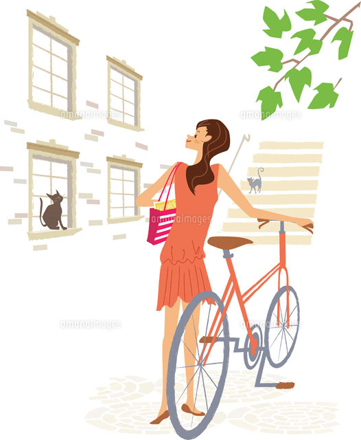 自転車で買い物をする女性とネコ[02459000020]の写真素材・イラスト 