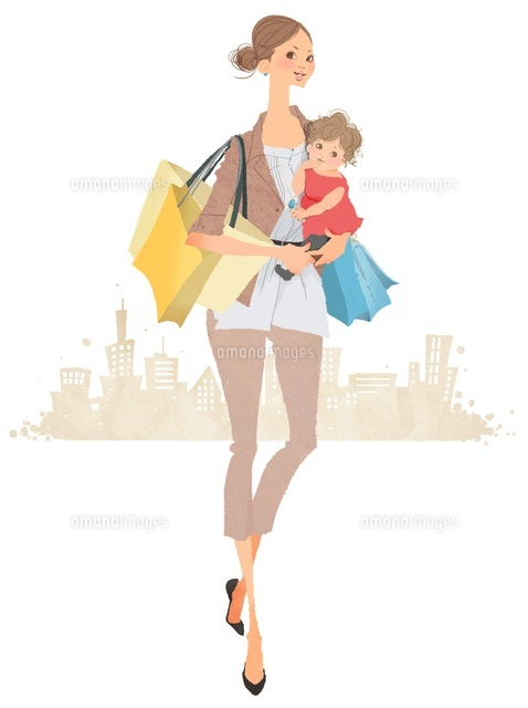 子供を抱いてショッピングする女性 の写真素材 イラスト素材 アマナイメージズ