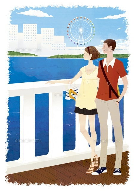 観覧車と街の風景を見ているカップル の写真素材 イラスト素材 アマナイメージズ