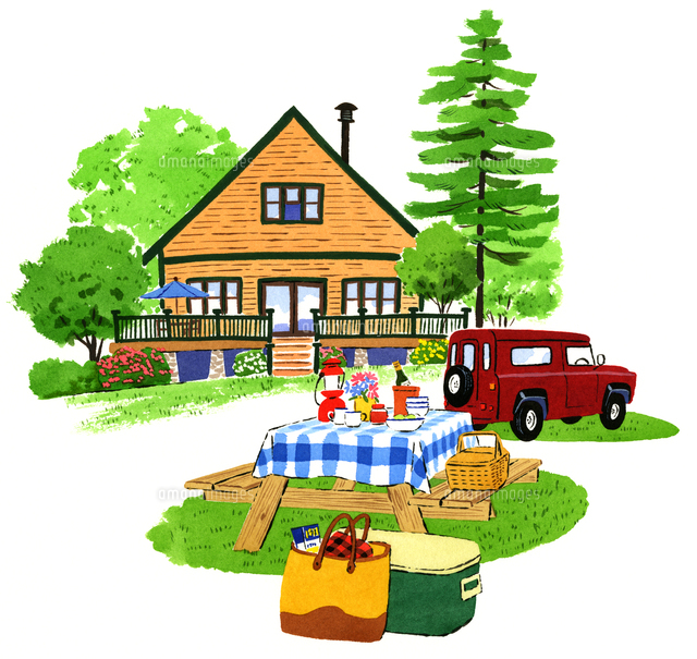 コテージの前にあるピクニック用のテーブルと赤色のジープ の写真素材 イラスト素材 アマナイメージズ