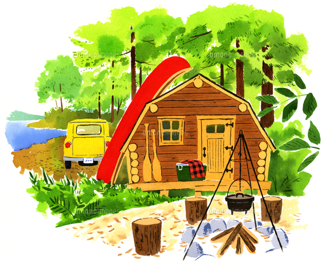 カヌーが立てかけてあるコテージ の写真素材 イラスト素材 アマナイメージズ