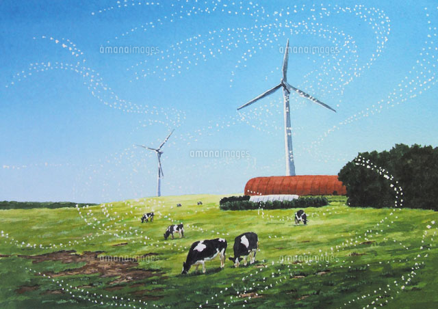 油絵　風車と人 水彩画 風車と牛達[02488000013]の写真・イラスト素材｜アマナ