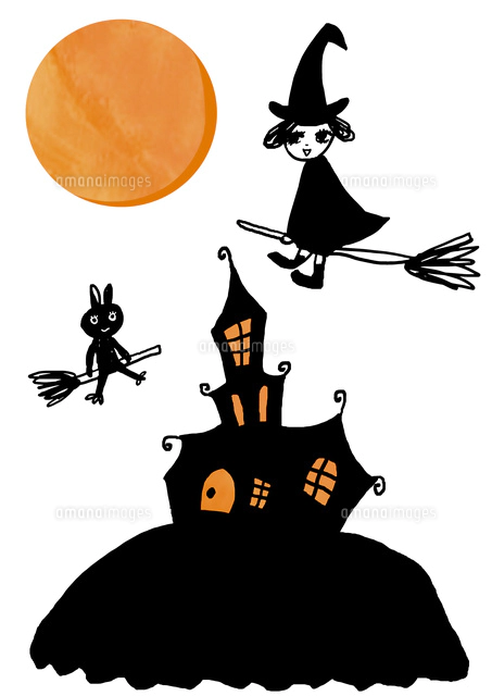 ハロウィンで丘の上の家を楽しく飛んでいるほうきに乗った魔女のような女の子と猫 の写真素材 イラスト素材 アマナイメージズ