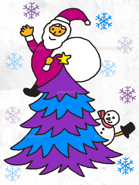 クリスマスツリーからのぞいているサンタクロースとスノーマン の写真素材 イラスト素材 アマナイメージズ