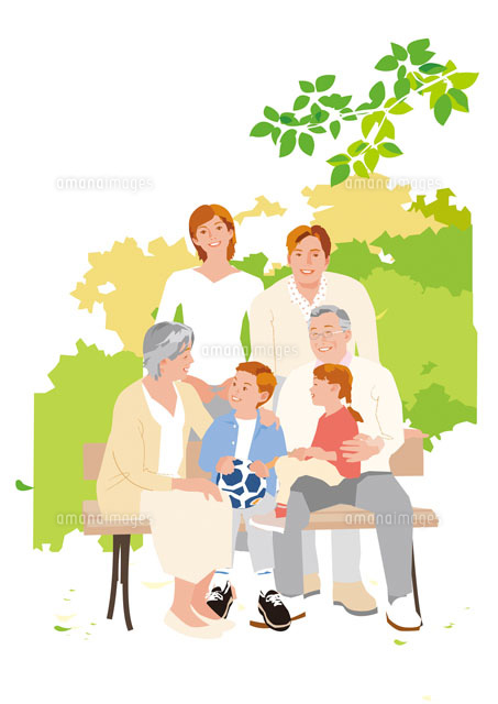 新緑の公園のベンチに座る三世代のファミリー の写真素材 イラスト素材 アマナイメージズ