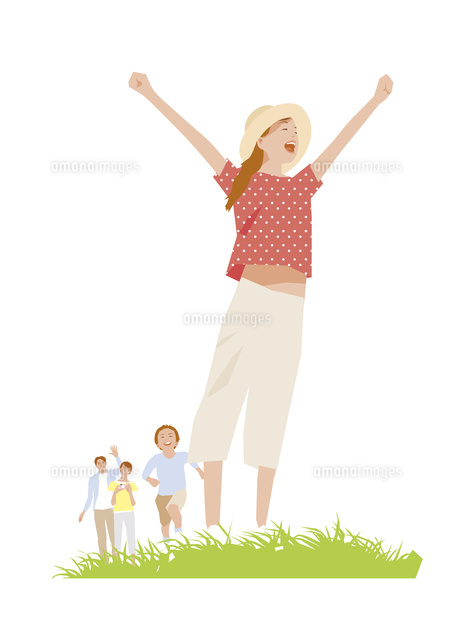 空に手を挙げる女の子とファミリー の写真素材 イラスト素材 アマナイメージズ