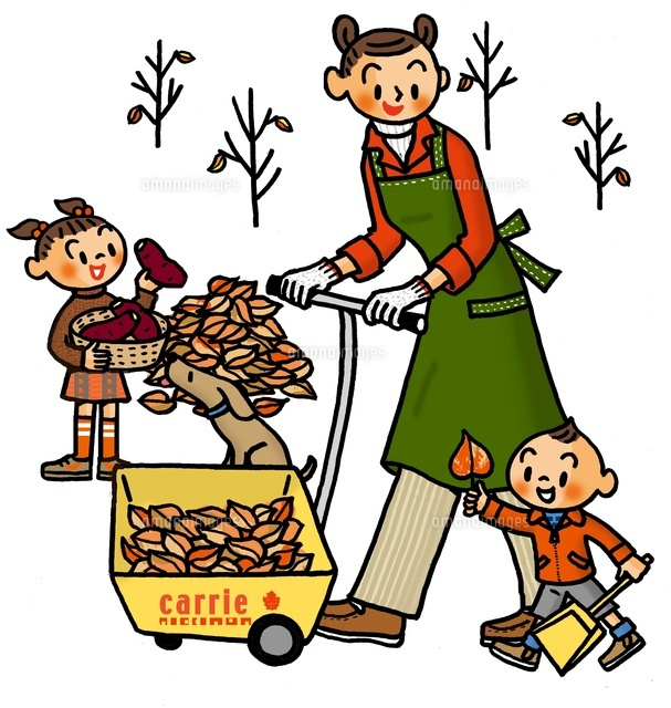 落ち葉を集める親子 の写真素材 イラスト素材 アマナイメージズ