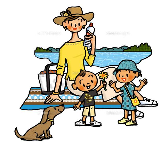 水辺で休憩するお母さんと子供たち の写真素材 イラスト素材 アマナイメージズ