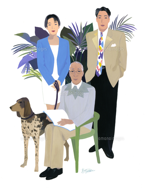 男女3人と犬 の写真素材 イラスト素材 アマナイメージズ