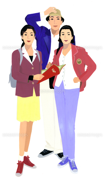 地図を広げる女性2人と帽子を被った男性 の写真素材 イラスト素材 アマナイメージズ