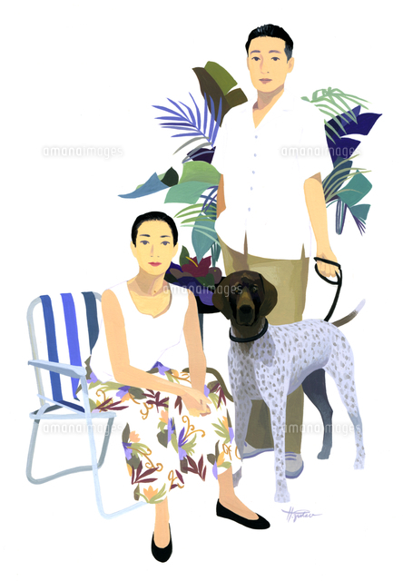イスに座る女性と犬を連れた男性[02655000401]の写真・イラスト素材