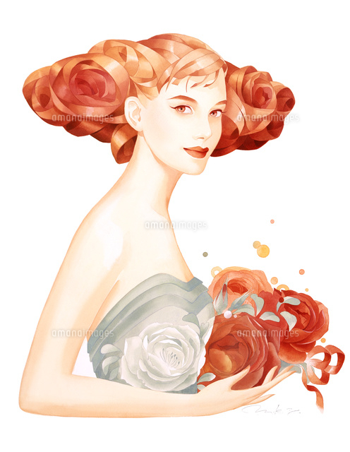バラを抱く女性 バラの髪 の写真素材 イラスト素材 アマナイメージズ