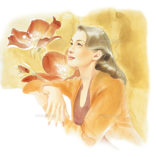 赤い花上を向く女性 の写真素材 イラスト素材 アマナイメージズ