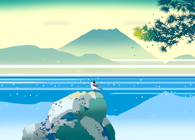 湖面の鳥と岩 の写真素材 イラスト素材 アマナイメージズ