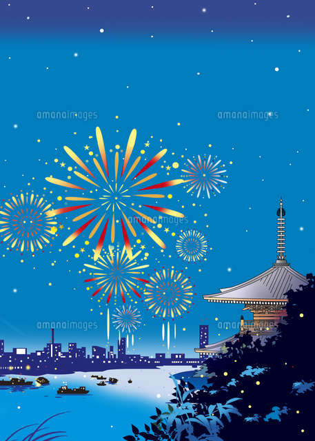 寺から花火 の写真素材 イラスト素材 アマナイメージズ