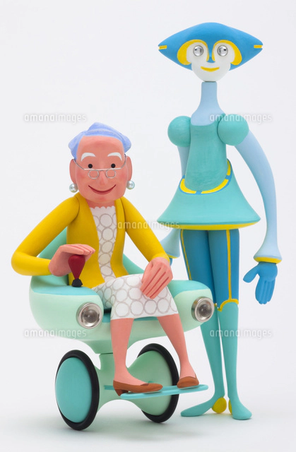 Ai車椅子とaiベビーカーに乗って会話をするお婆ちゃんと赤ちゃん の写真素材 イラスト素材 アマナイメージズ