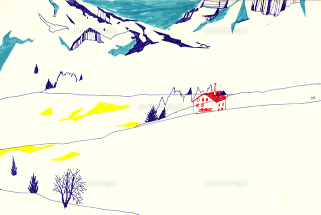 雪山と赤い屋根 の写真素材 イラスト素材 アマナイメージズ
