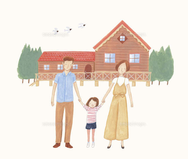 ログハウスの前に立つ3人家族 の写真素材 イラスト素材 アマナイメージズ