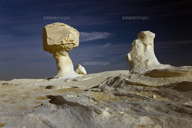 朝の白砂漠 風化した石灰岩の岩[02861001462]の写真・イラスト素材