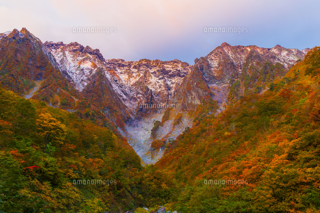紅葉と初雪の谷川岳一ノ倉沢[02913006101]の写真・イラスト素材