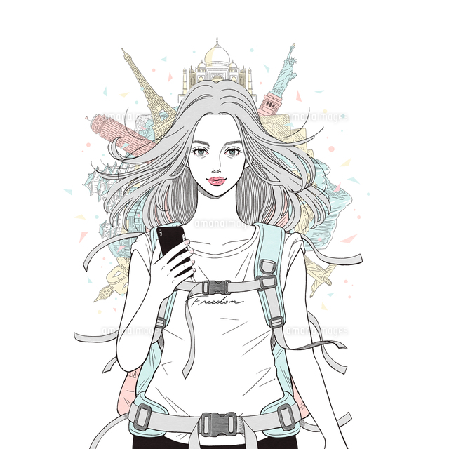 スマフォ片手に世界を旅する女性バックパッカー の写真素材 イラスト素材 アマナイメージズ