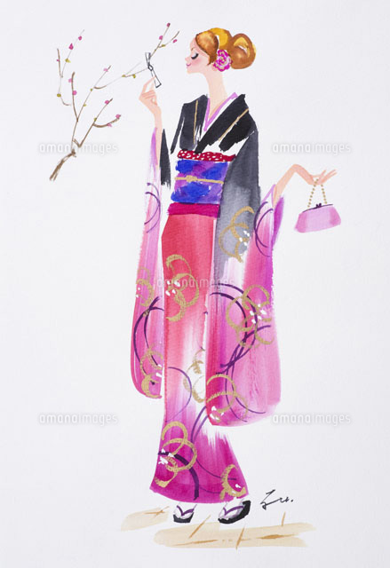 振袖姿の女性 初詣 の写真素材 イラスト素材 アマナイメージズ