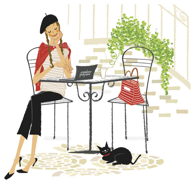 オープンカフェでノートパソコンを使っている女性 の写真素材 イラスト素材 アマナイメージズ