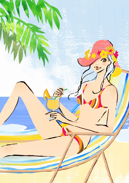 ビーチでイスに座りトロピカルドリンクを飲む女性 の写真素材 イラスト素材 アマナイメージズ